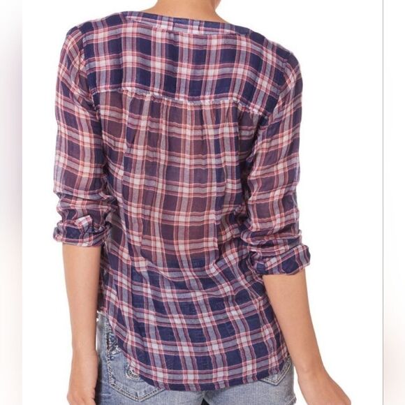 Silver Jeans Co. Navy Plaid Long Sleeve Button-Down Blouse - Picture 2 of 16